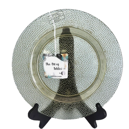 Clear Green Glass Dinner plate with with bubbles on a stand, featuring 'The Art of Tableware' brand.