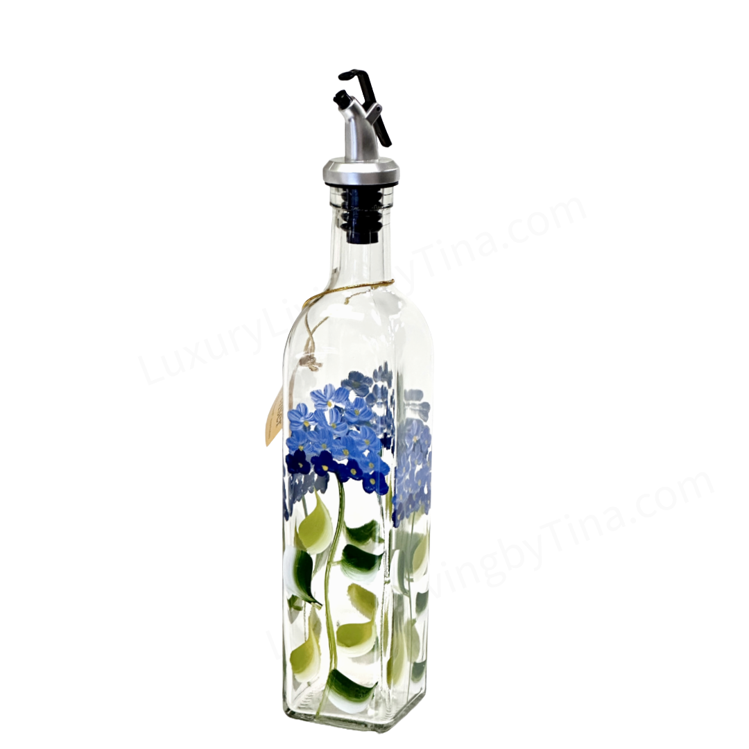 Olive Oil Vinegar Dispenser Glass Bottle Hand-Painted Blue Hydrangeas