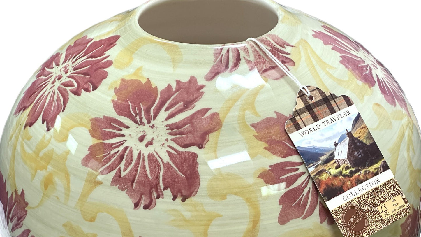 Large Round Hand Painted Ceramic Vase Sage Green & Yellow with Large Red Flowers