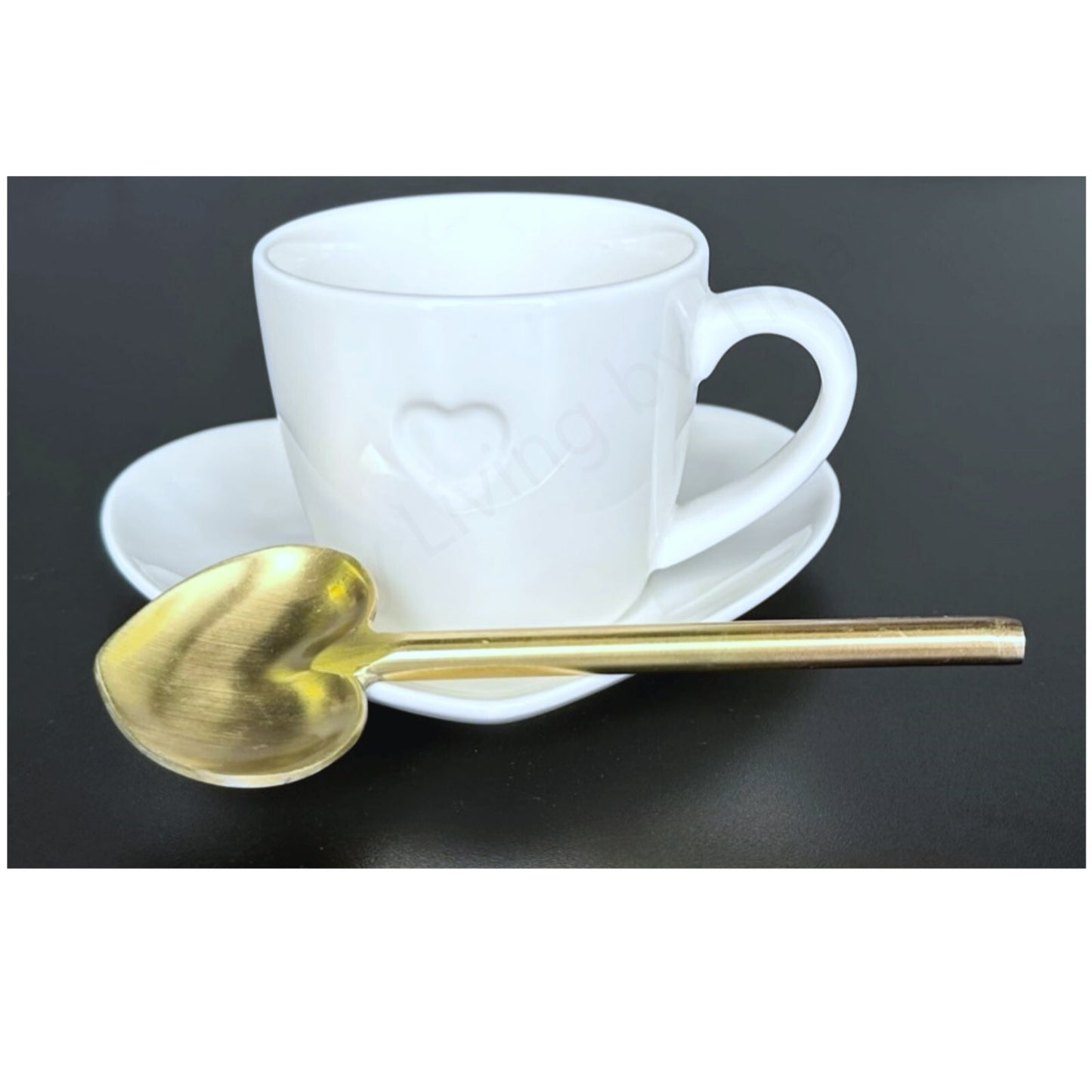 Espresso Coffee Cup & Saucer White Porcelain Heart Shaped w/Gold Heart Spoon 3PC