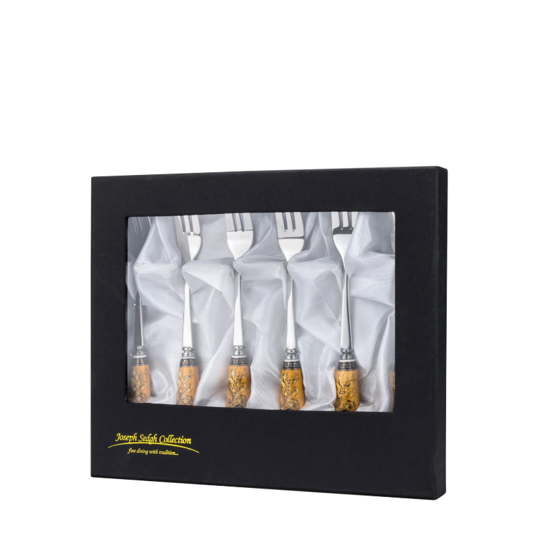 Joseph Sedgh Dessert Cocktail Fork Gold/White Intricate Details Stainless Steel