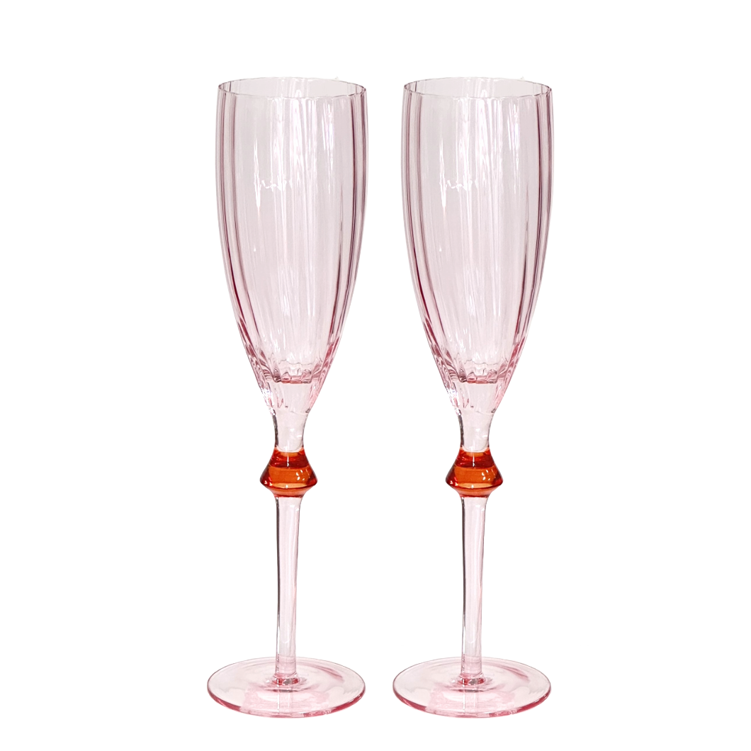 Pink Champagne Glass w/Ribbed Body & Red Gem on Long Stem Set of 2 Wedding Toast