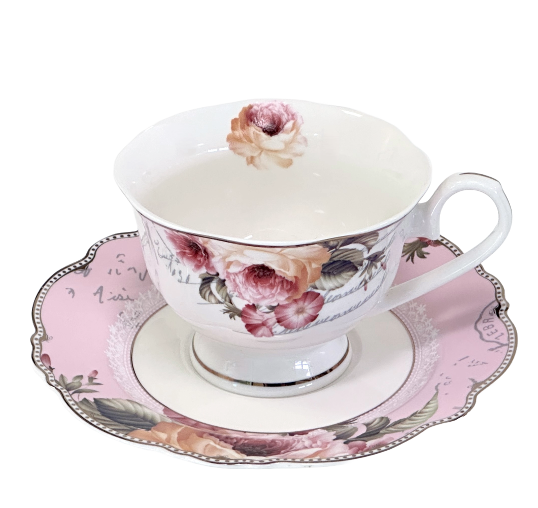 Victorian Style Porcelain Teacup Pink Roses w/Scalloped Trim by Eileen's Reserve