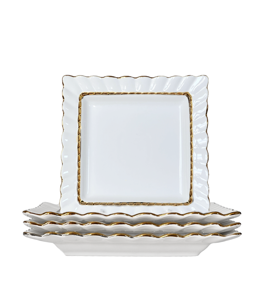 Square Side Salad Plate Porcelain Ruffled Edge w/Gold Trim Set/4 Unique Plates