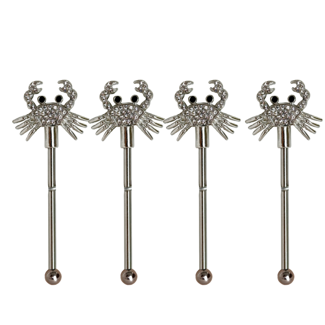 Drink Stirrers, Sparkling Silver Crystal Bling Crab, Set/4 Cocktail Stirrers