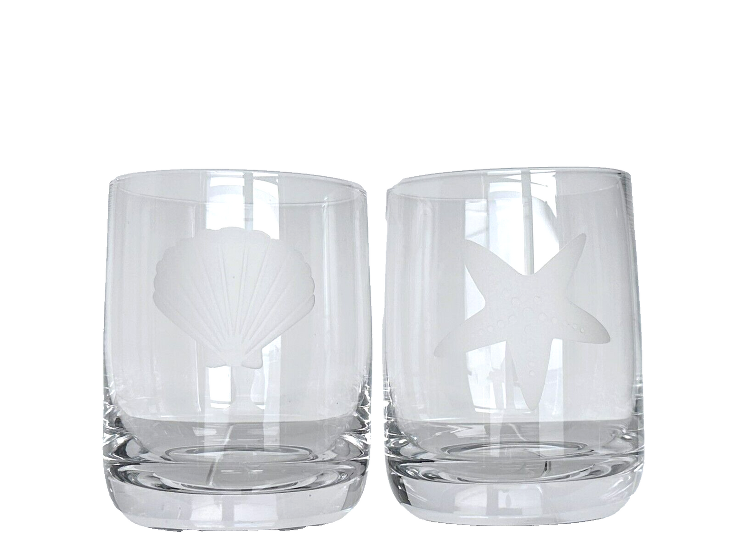 Whiskey Old Fashioned Glass Set of 2 Etched Frosted One Clamshell & One Starfish