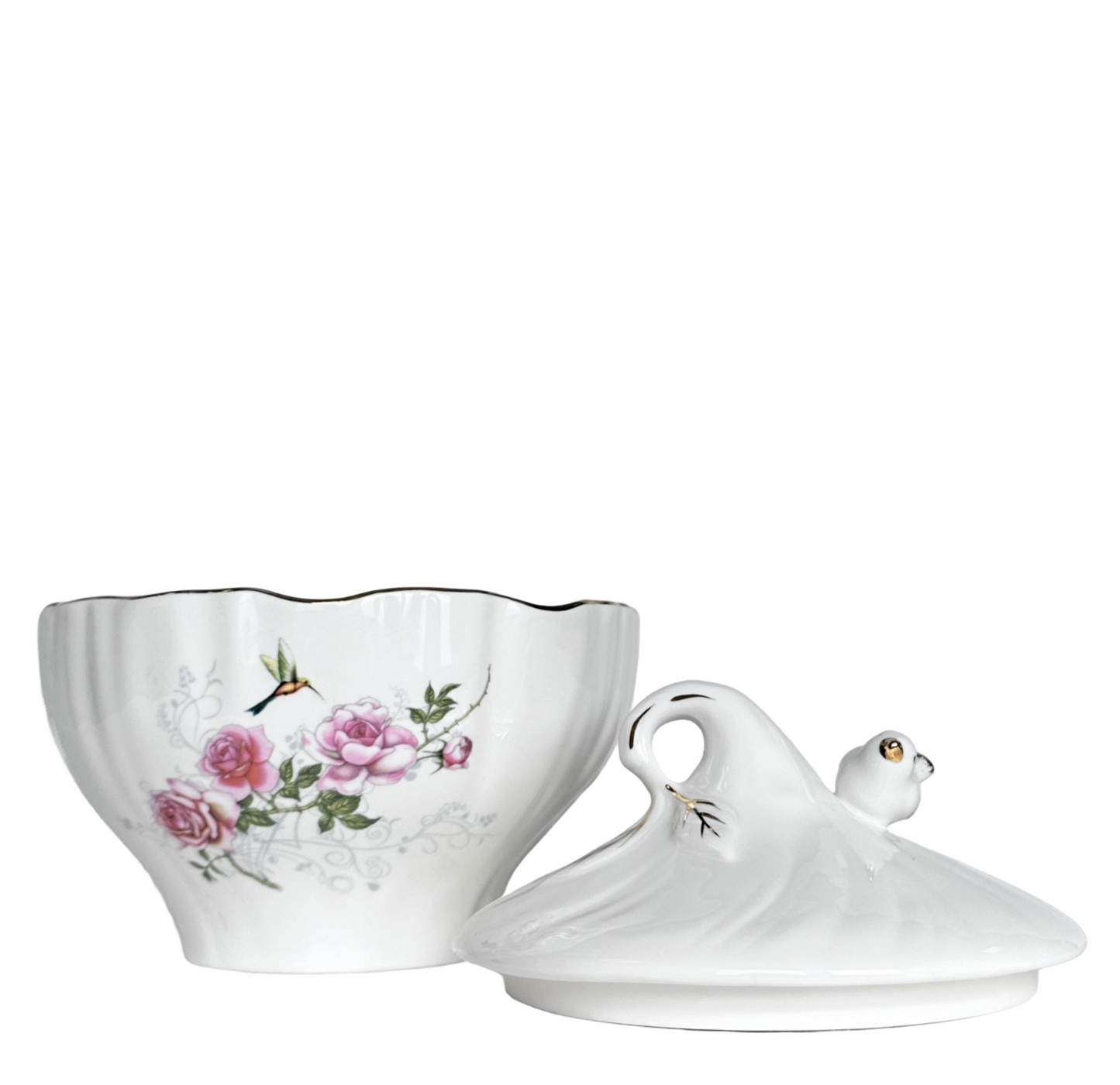 Candy Dish Bowl w/Cover Hummingbird & Pink Flowers Gold Accents Scalloped Rim
