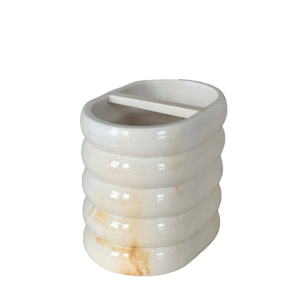 Toothbrush Holder Double Sided White w/Gold Streams Ribbed Pattern by Envogue