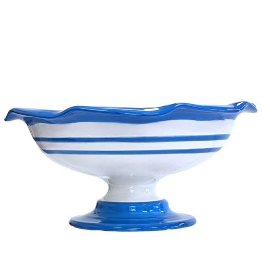 Fruit Bowl w/Pedestal Hand-Painted Vibrant Blue w/Raised Flowers & Blue Stripes
