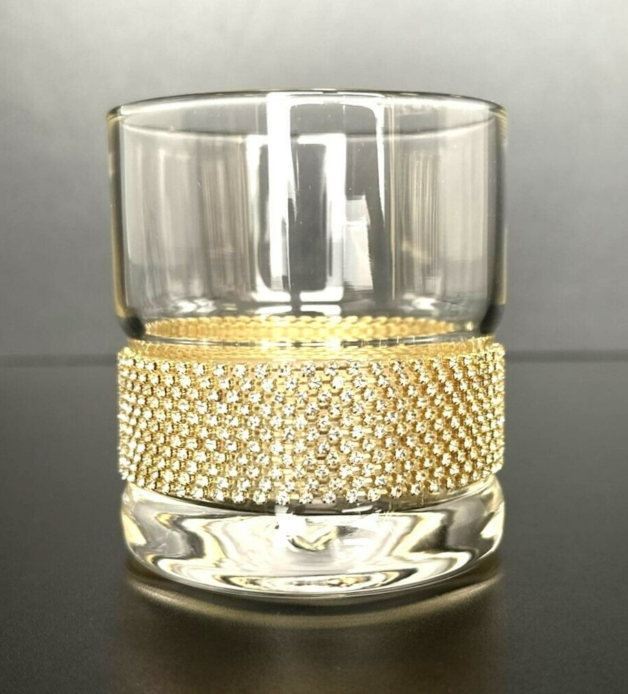 Whiskey Glass, Old Fashioned w/ Gold Rhinestone Crystal Band Stemless Wine Set/4
