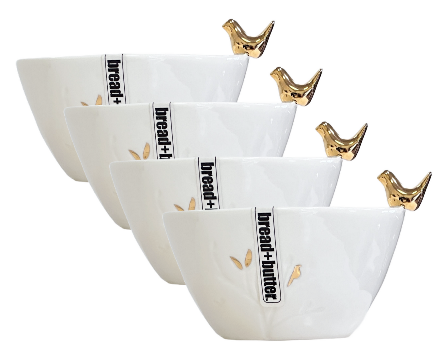 Woodland Animals 4" Dipping Sauce Bowl White Ceramic Gold w/Etched Flowers Set/4