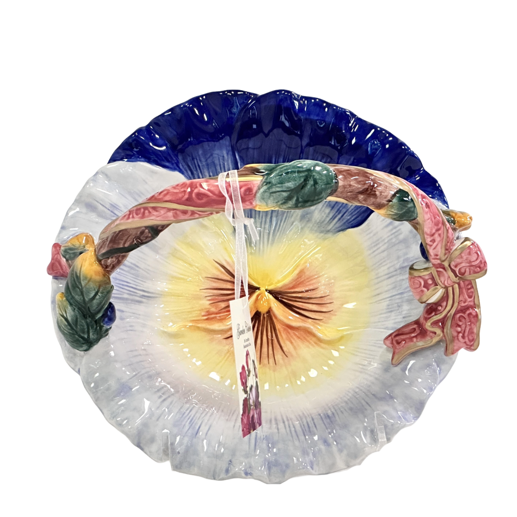 Corner Ruby Garden Collection Porcelain Candy Dish Blue & Yellow Pansy Pink Bow