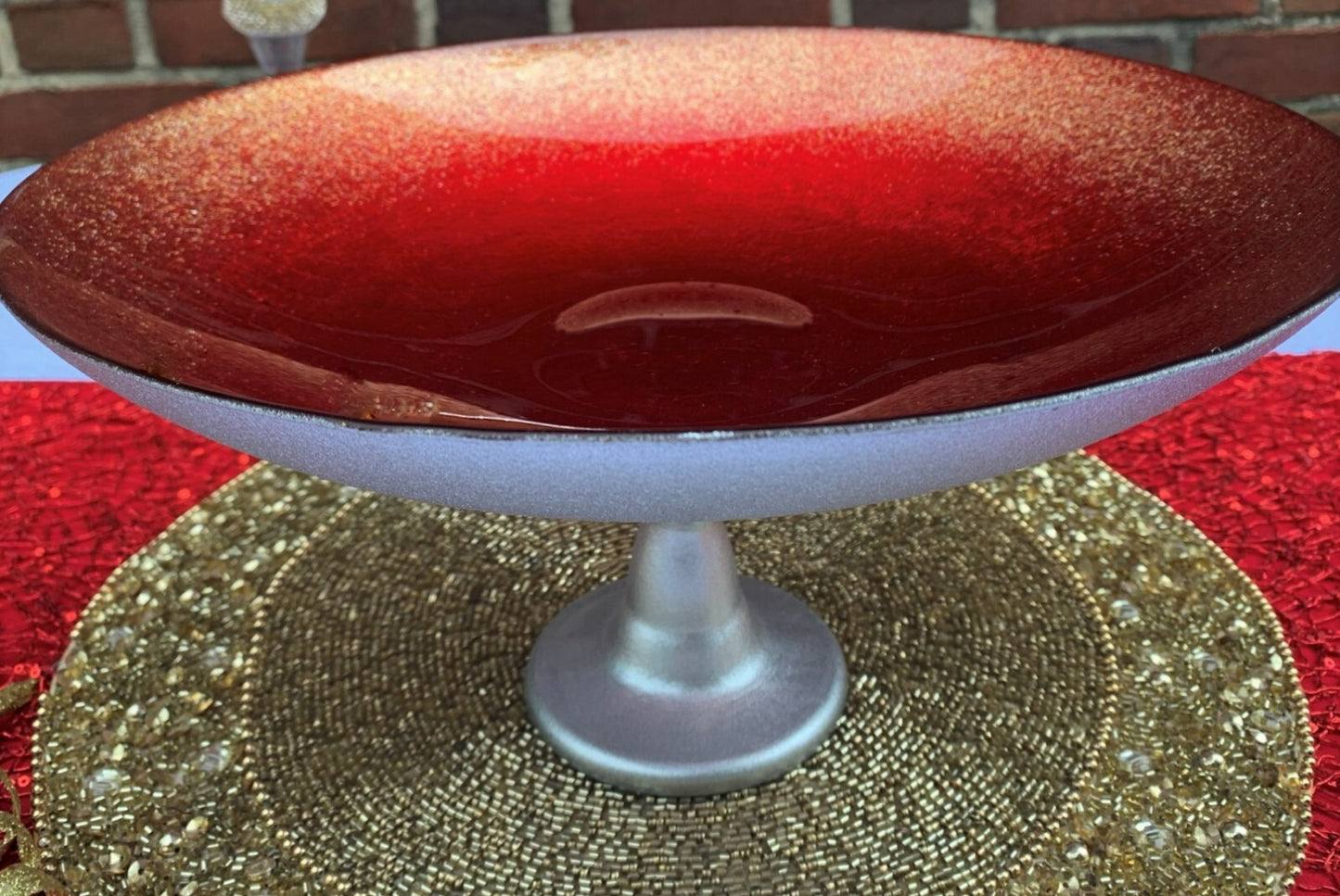 Large Glass Bowl on Silver Pedestal Bold Red W/Gold Crackled Ombre Rim 16" x 7