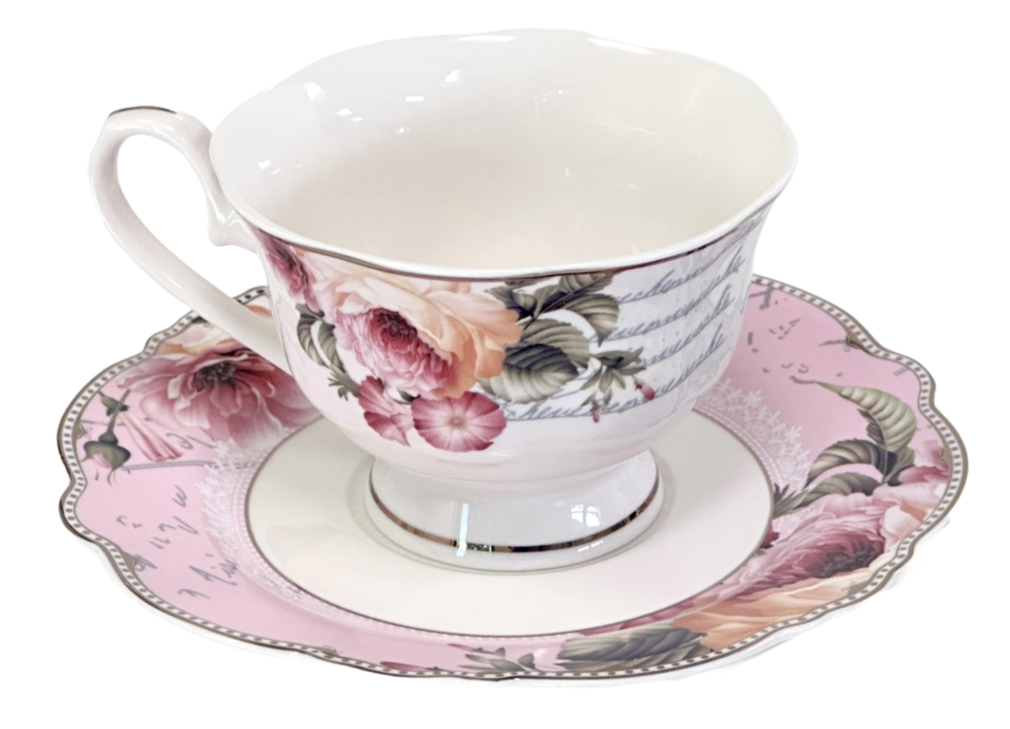 Victorian Style Porcelain Teacup Pink Roses w/Scalloped Trim by Eileen's Reserve