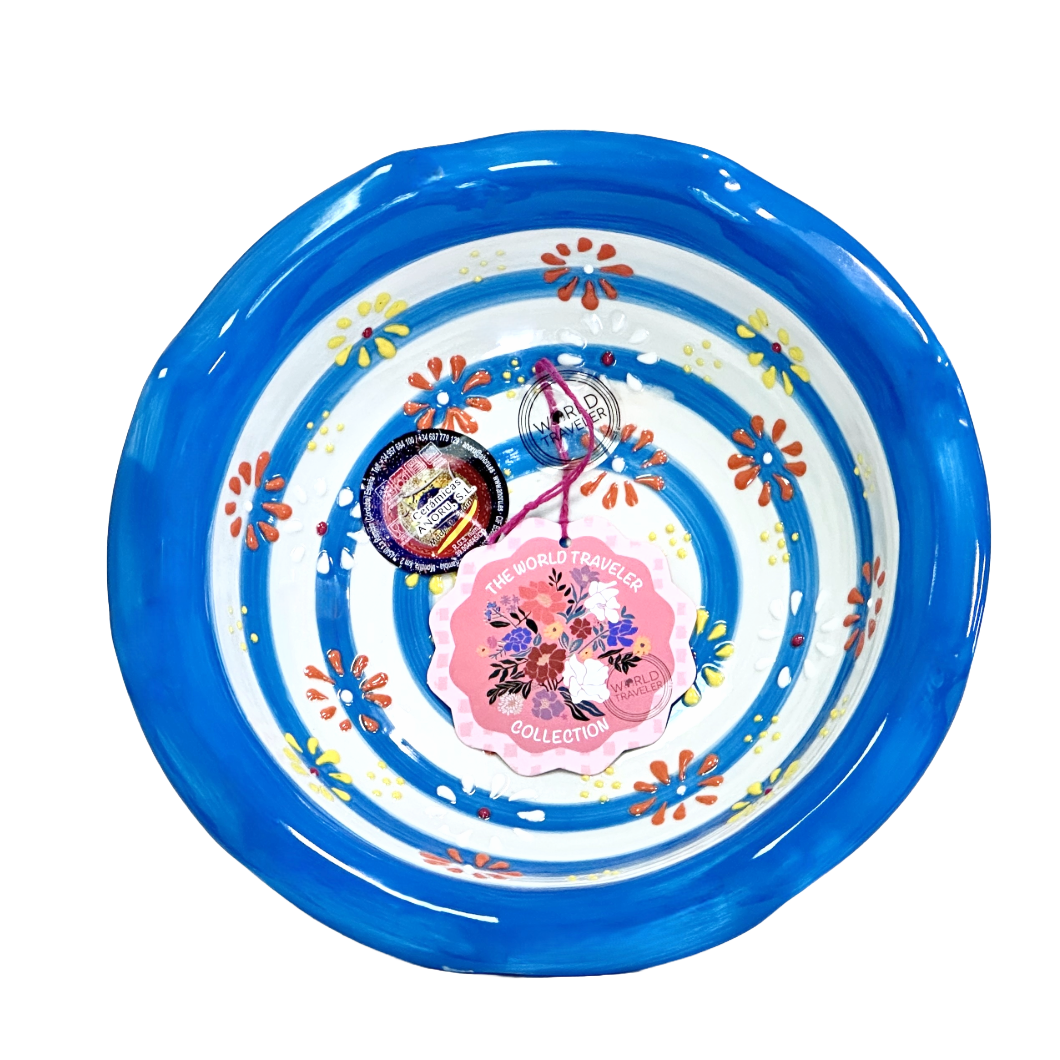 Fruit Bowl w/Pedestal Hand-Painted Vibrant Blue w/Raised Flowers & Blue Stripes
