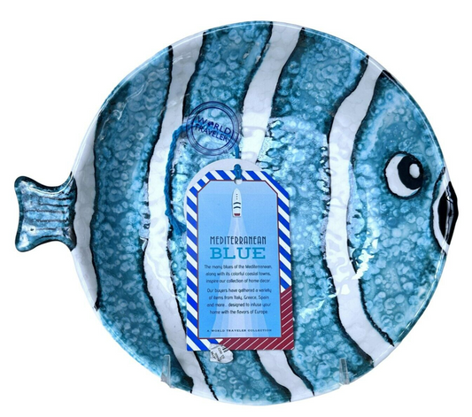 Fish Shaped Mediterranean Bowl Handpainted Aqua Blue w/White Stripes Made Italy