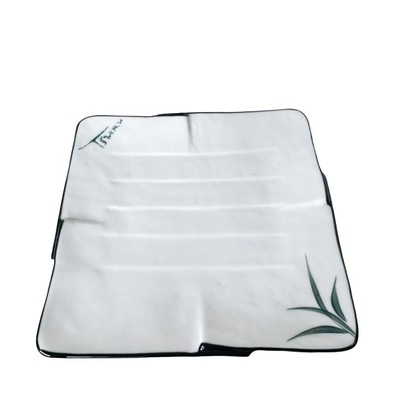 Square White Porcelain Plate Hand Painted Bamboo Leaves & Elegant Black Trim x6