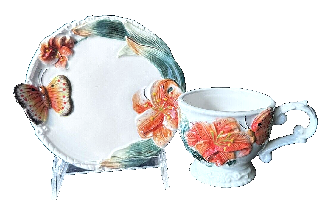 Teacup & Saucer, Ceramic Orange & Green Mug w/3D Tiger Lilies & Butterflies