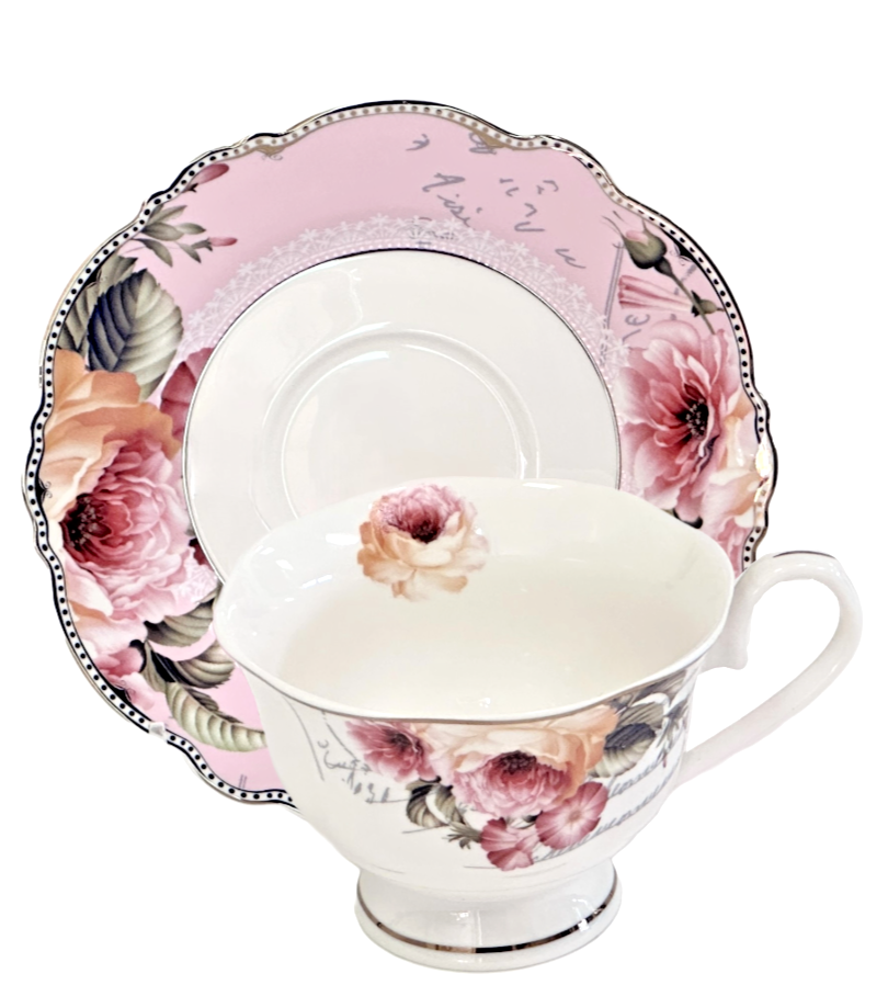Victorian Style Porcelain Teacup Pink Roses w/Scalloped Trim by Eileen's Reserve