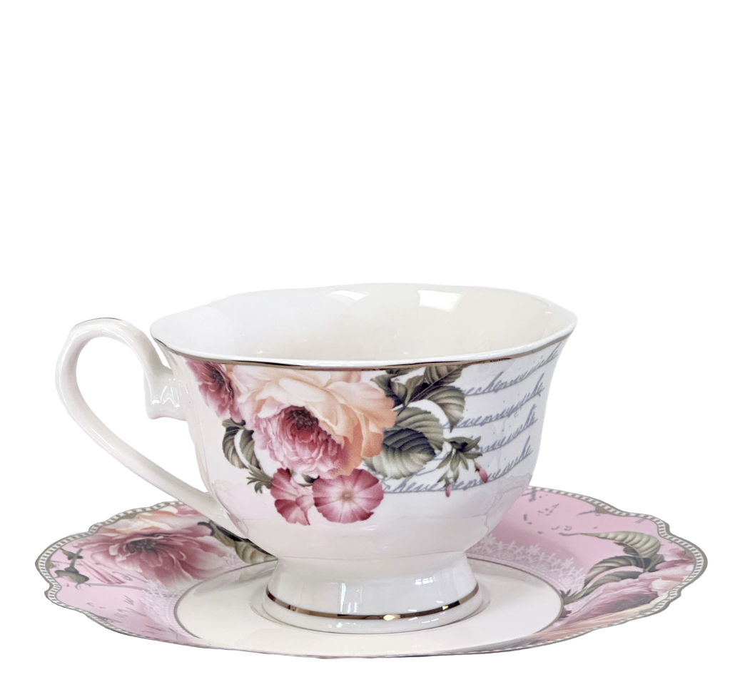 Victorian Style Porcelain Teacup Pink Roses w/Scalloped Trim by Eileen's Reserve