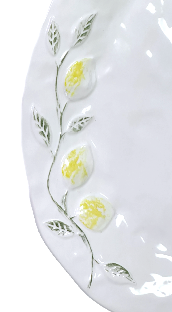 Large Serving Platter Oval Porcelain with Raised Yellow Lemons & Green Leaves
