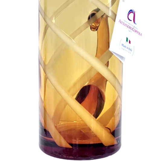 Hand Blown Glass Pitcher Amber Gold w/Milky White Swirl Unique Elongated Handle