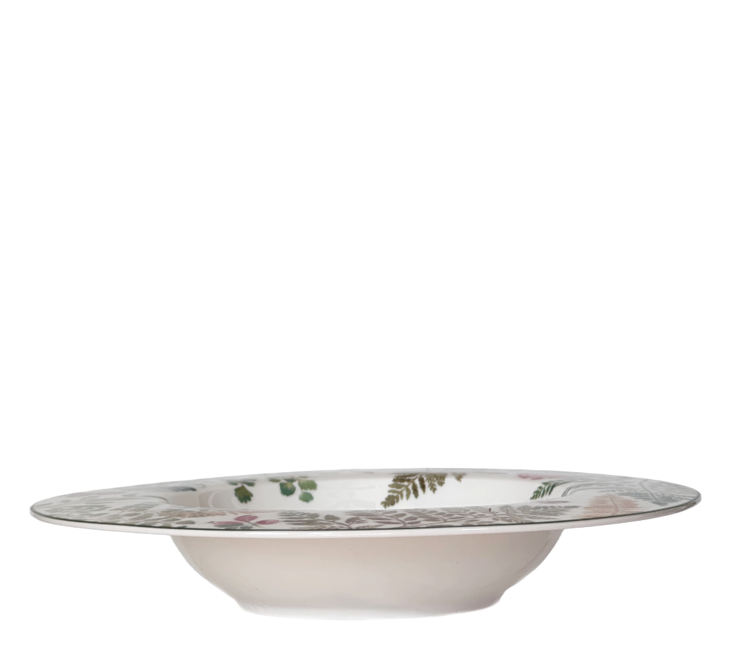 Pasta Soup Bowl White Bone China w/Colorful Forest Mushroom & Fern Rim by Gracie
