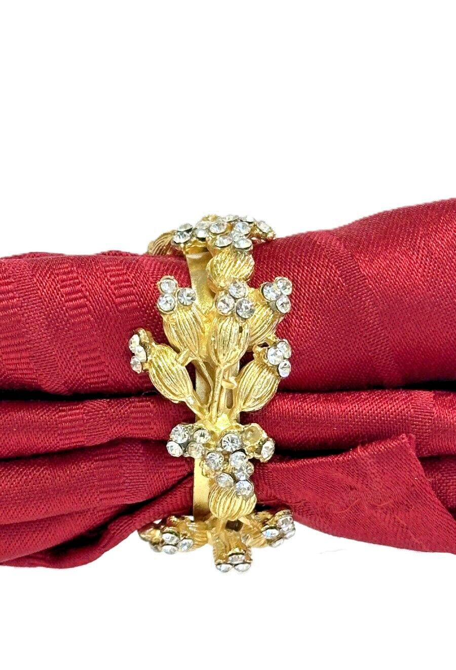 Gold Napkin Rings with Sparkling Bling on Gold Etched Floral Buds and Vines