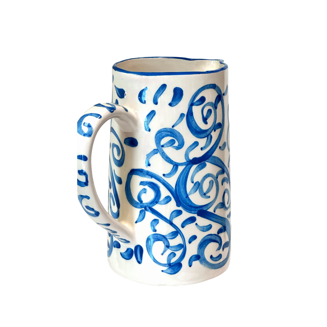 Jug Pitcher Mediterranean Teal Blue Hand Painted Swirls for Water, Wine, Sangria