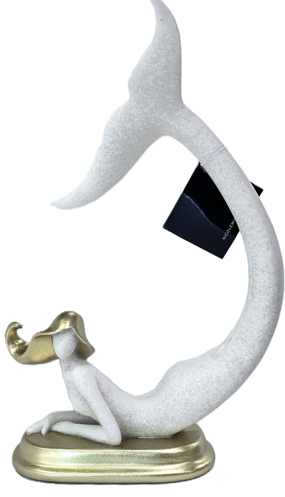 Mermaid Sculptures, Bookends, Stylish White Stone w/Gold Hair on a Gold Platform