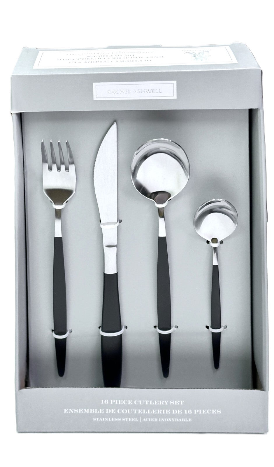 Rachel Ashwell 16 Piece Silver Stainless Steel Cutlery Set w/Black Handle Svs 4