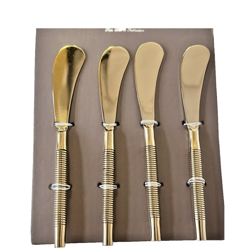 Butter, Cocktail, Dessert, Cheese Knife, Gold with Ribbed Handle Set/4 by BKP