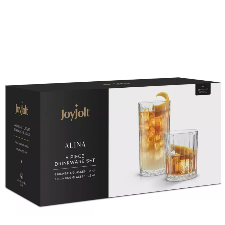 JoyJolt Alina 8 Piece Ribbed Glass Drinkware Set 4 Highball & 4 Drinking Glass