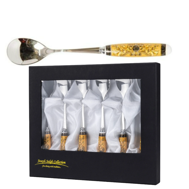 Joseph Sedgh Dessert Teaspoons, Gold & White Intricate Details, Stainless Steel