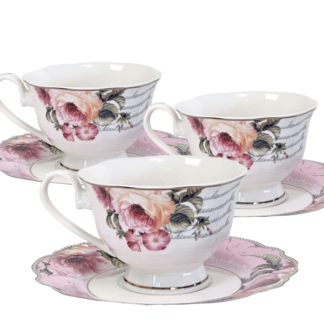 Victorian Style Porcelain Teacup Pink Roses w/Scalloped Trim by Eileen's Reserve