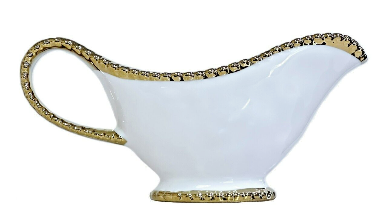Serving Creamer, Syrup, Gravy, White Bone China w/Gold Beaded Handle, Base & Rim