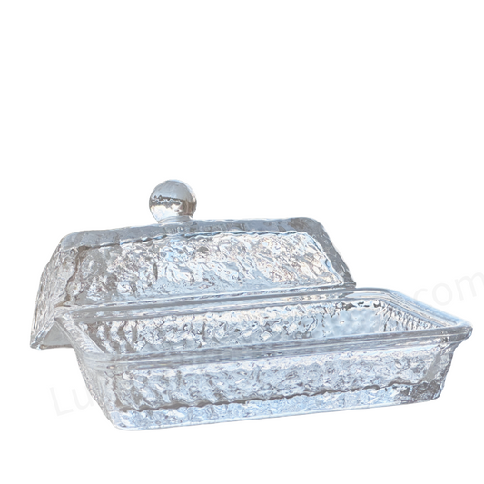 Clear Glass Butter Dish with Rectangular Base & Matching Lid, Crafted rippled, almost hammered texture