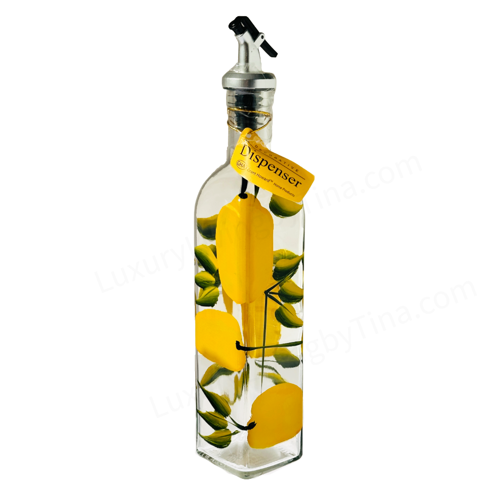 Olive Oil Vinegar Glass Bottle Dispenser Large Hand-Painted Yellow Lemons on Vine