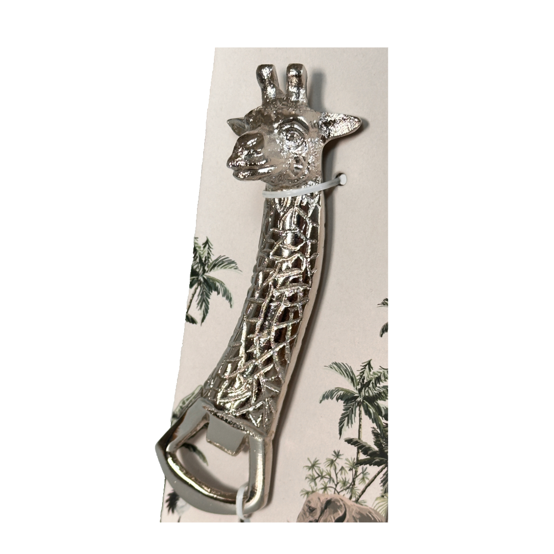 Giraffe-shaped bottle opener on packaging with palm trees and elephant design