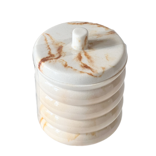 Ceramic Bathroom Accessories Holder w/Lid White & Gold Streams Ribbed Pattern by Envogue