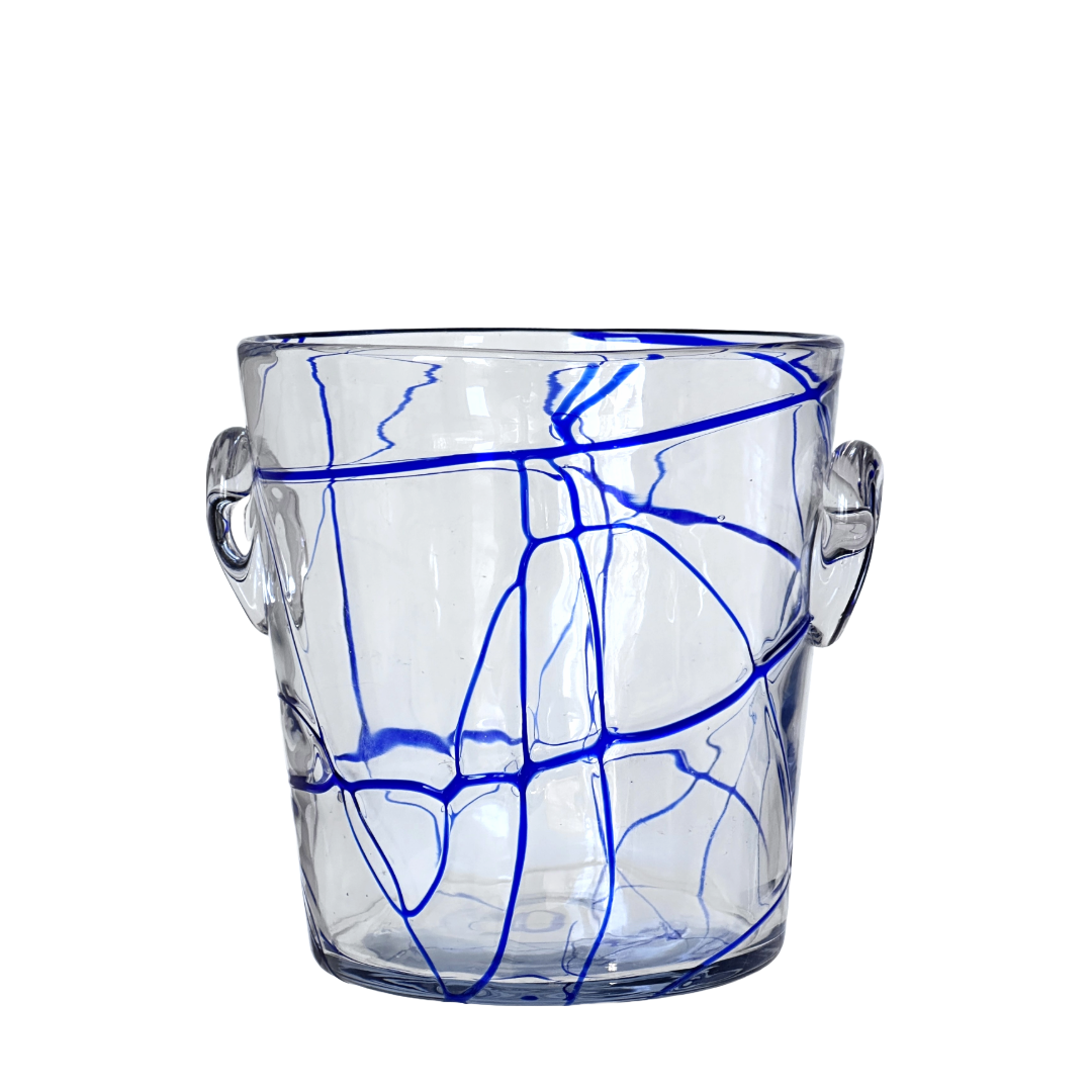 Glass Ice Bucket Champagne Wine Chiller with Royal Blue Swirls and Glass Handles