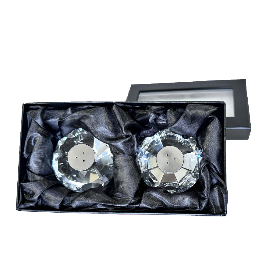Salt & Pepper Shakers, Diamond Shaped Sparkling Crystals w/Silver Cap by Vidali
