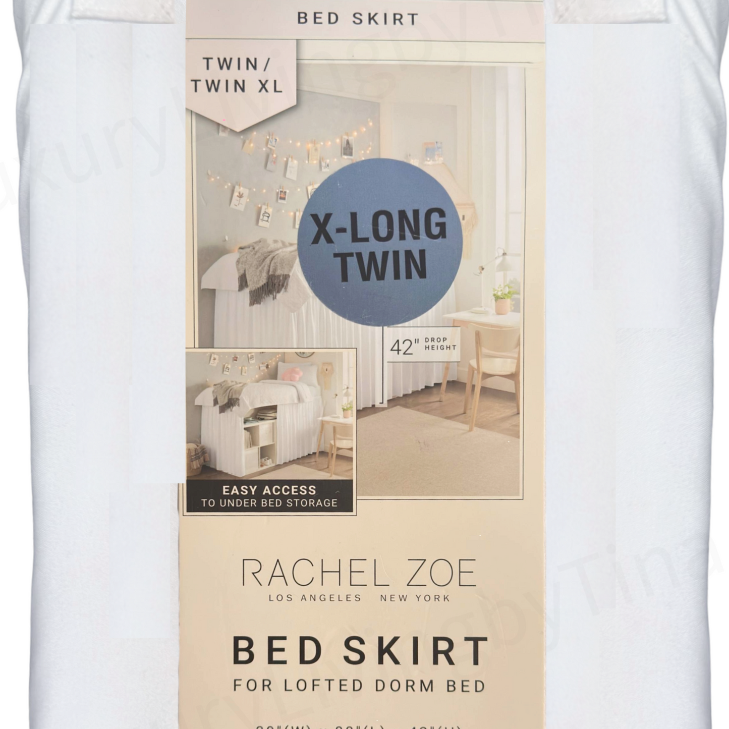 Twin Extra Long Bed Skirt Lofted Dorm Bed 42" White Drop Height by Rachel Zoe