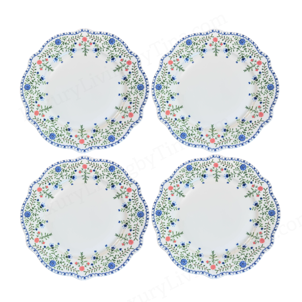 Scalloped Dinner Plates with Blue & Blush Floral Rim Romantic Scalloped Rim