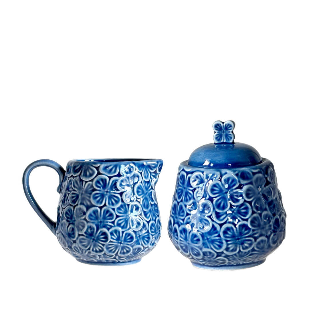 Sugar Bowl w/ Lid & Creamer Set Blue Ceramic Raised Flowers by Dwell Essentials