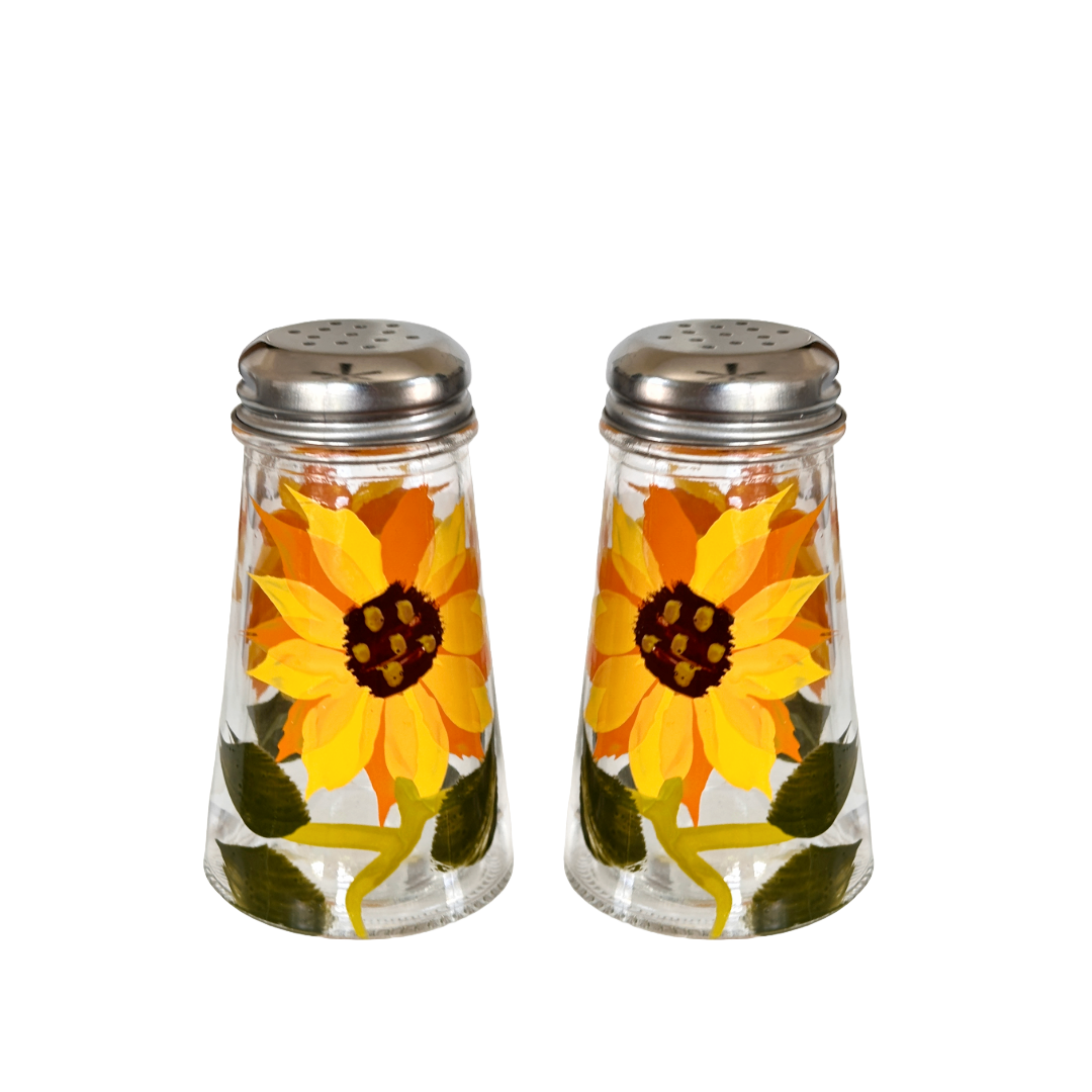Salt & Pepper Shaker Set Glass Hand-Painted Yellow & Orange Sunflower Silver Top