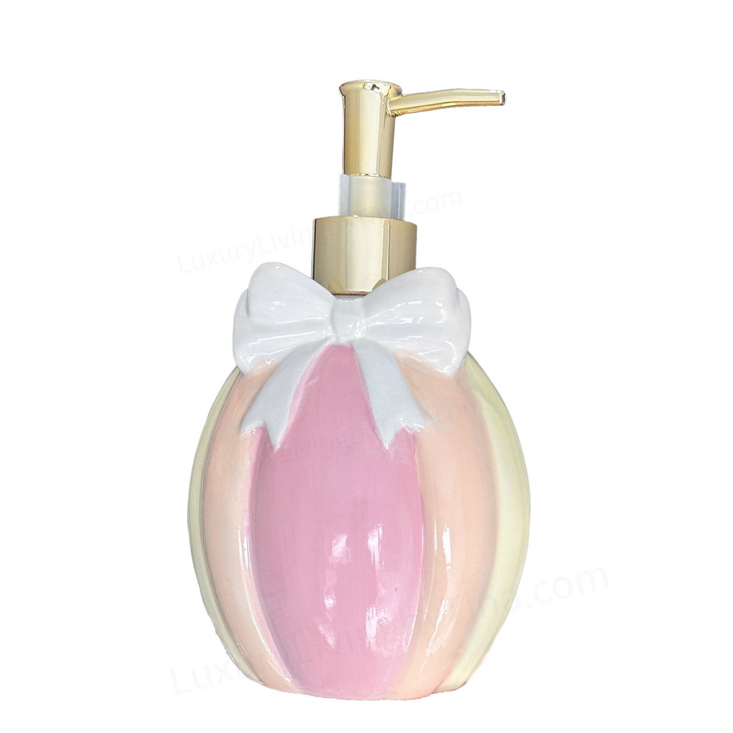 Soap Pump Dispenser Ceramic Pastel Vertical Stripes with White Bow & Gold Pump