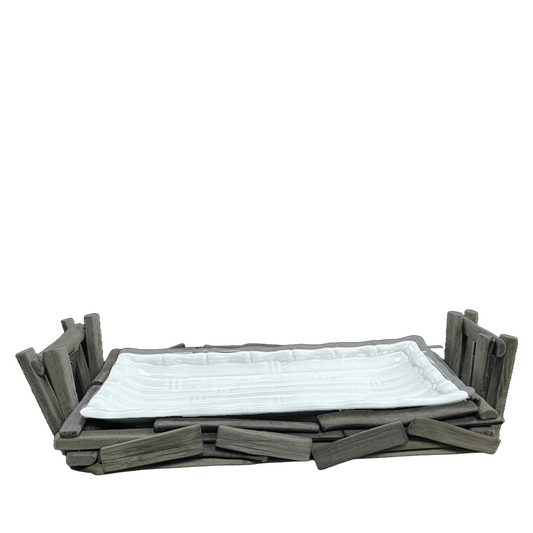 Serving Tray Removable Porcelain Platter On Reclaimed Wood Base w/Wood Handles