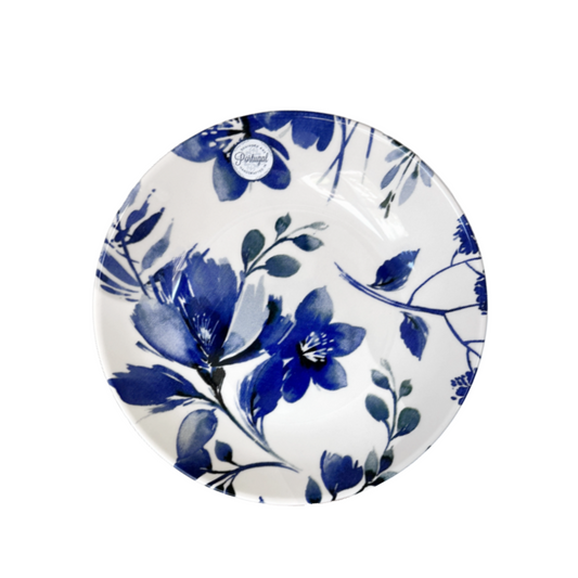 9.5" Pasta, Soup Bowl White Ceramic Royal Blue Flowers Made In Portugal Set of 2