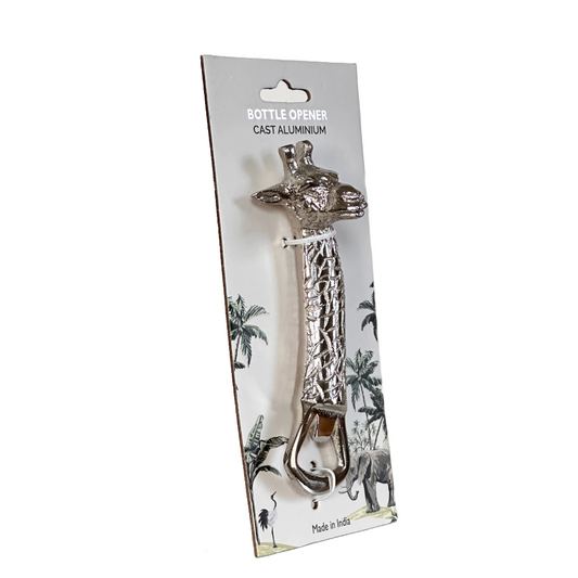 Giraffe-shaped bottle opener on packaging with palm trees and elephant design